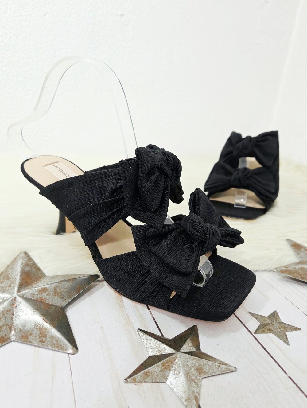 Antonio Melani Ophelia double bow heeled sandals black pleated square women's 8